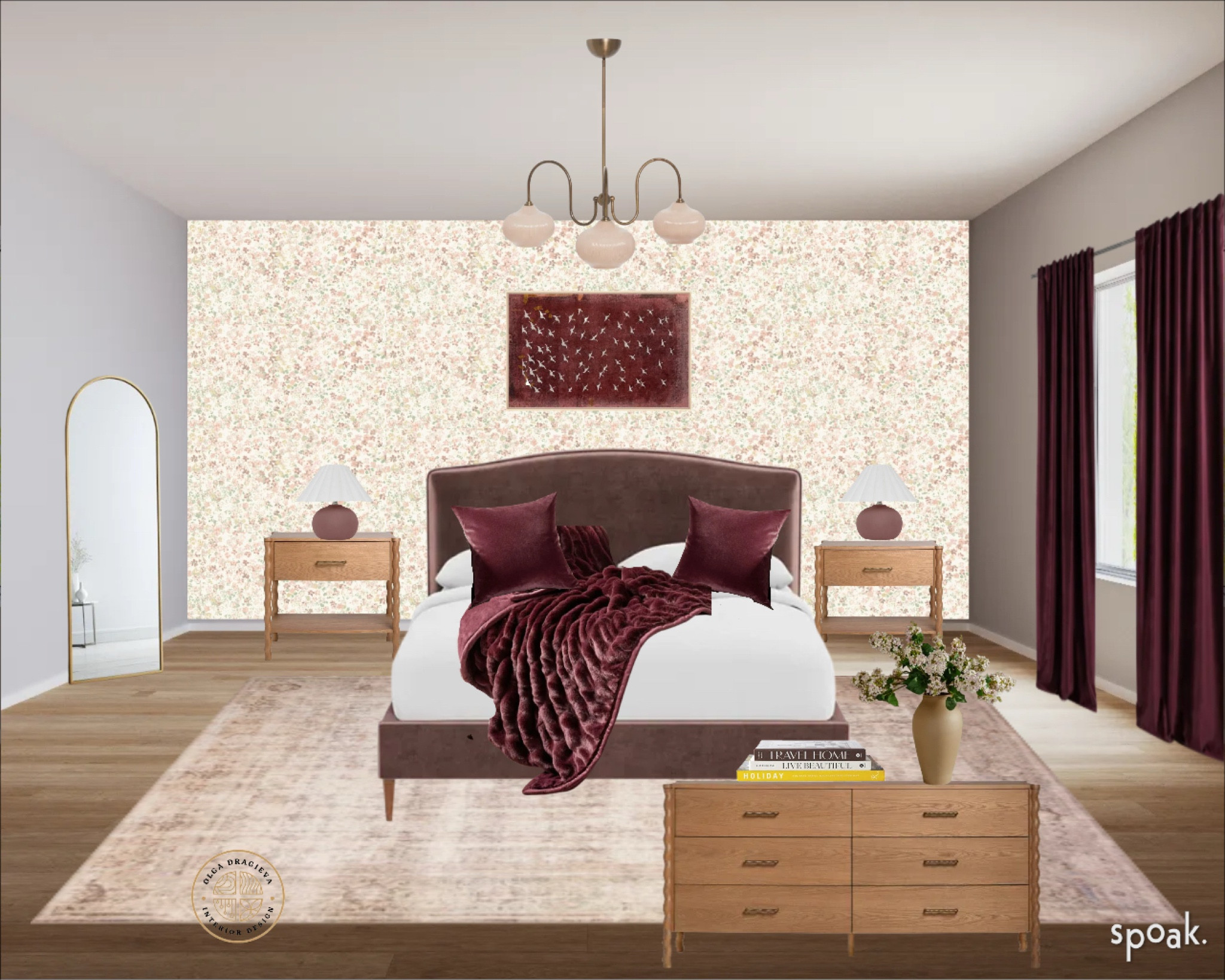Gorgeous Spring bedroom design/moodboard. Vintage dusty rose rug, spring wallpaper, wine-color wall art, velvet curtains, mid-century modern dresser and nightstands. Vase from Afloral. 

#LTKStyleTip #LTKHome #LTKSeasonal