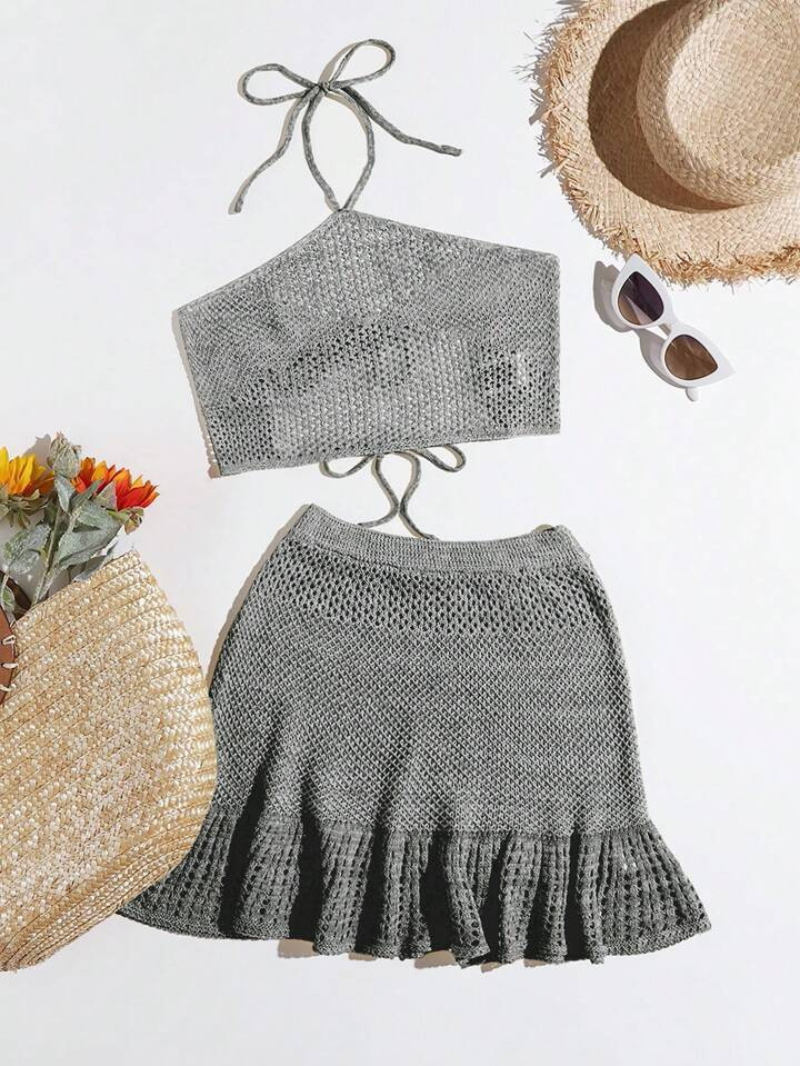 SHEIN Swim Halter Neck Solid Tie Back Cover Up Top & Skirt Set Summer | SHEIN