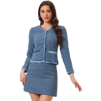 INSPIRE CHIC Women's Outfits Plaid Tweed Short Blazer and Skirt Suit Set 2 Pieces Blue Large | Target