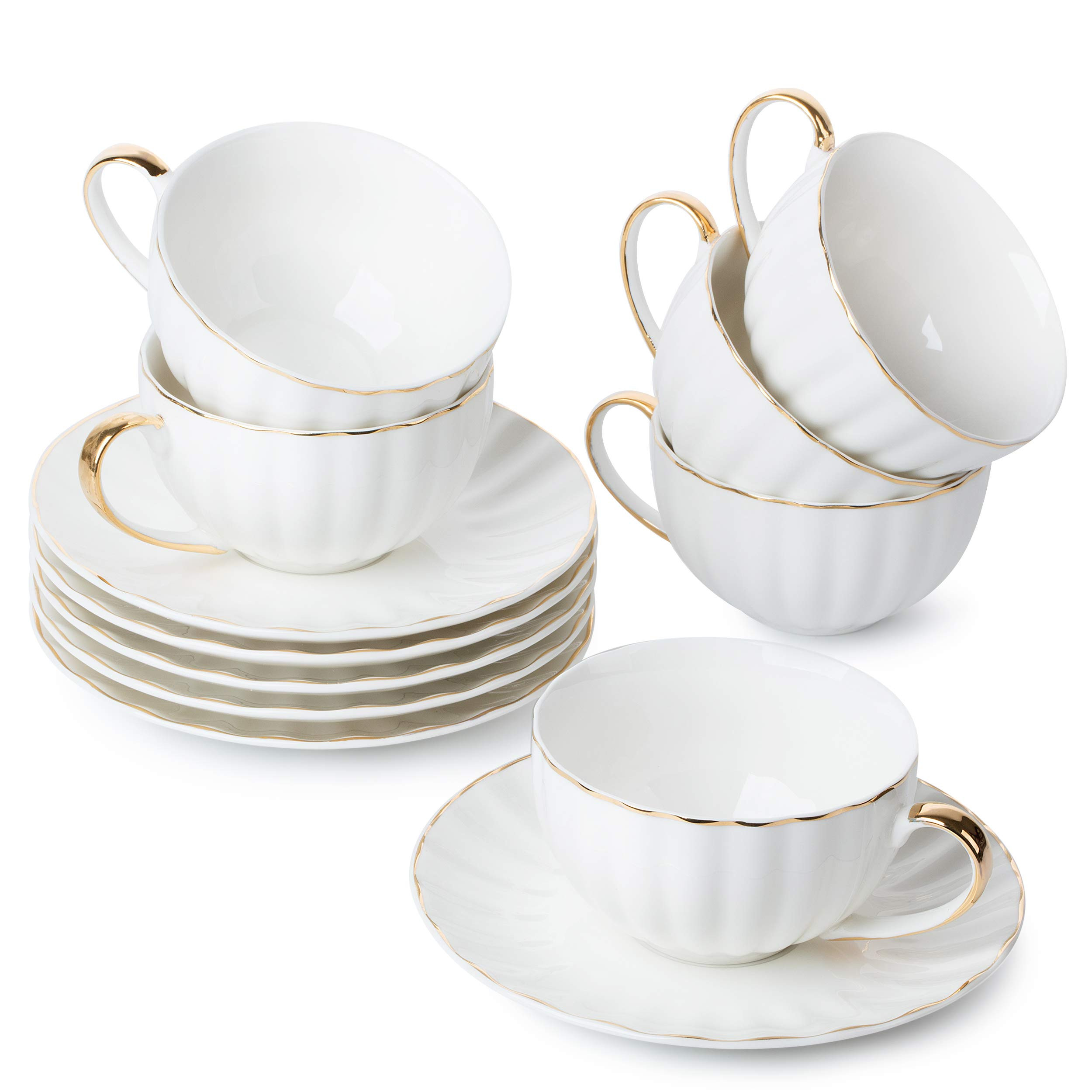 BTaT- White Tea Cups and Saucers Set of 6 (7 oz), Porcelain White Tea Cup Set with Golden Trim De... | Amazon (US)