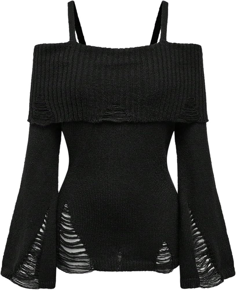SOLY HUX Women's Cold Shoulder Ripped Sweater Goth Punk Long Sleeve Fitted Jumper Pullovers | Amazon (US)