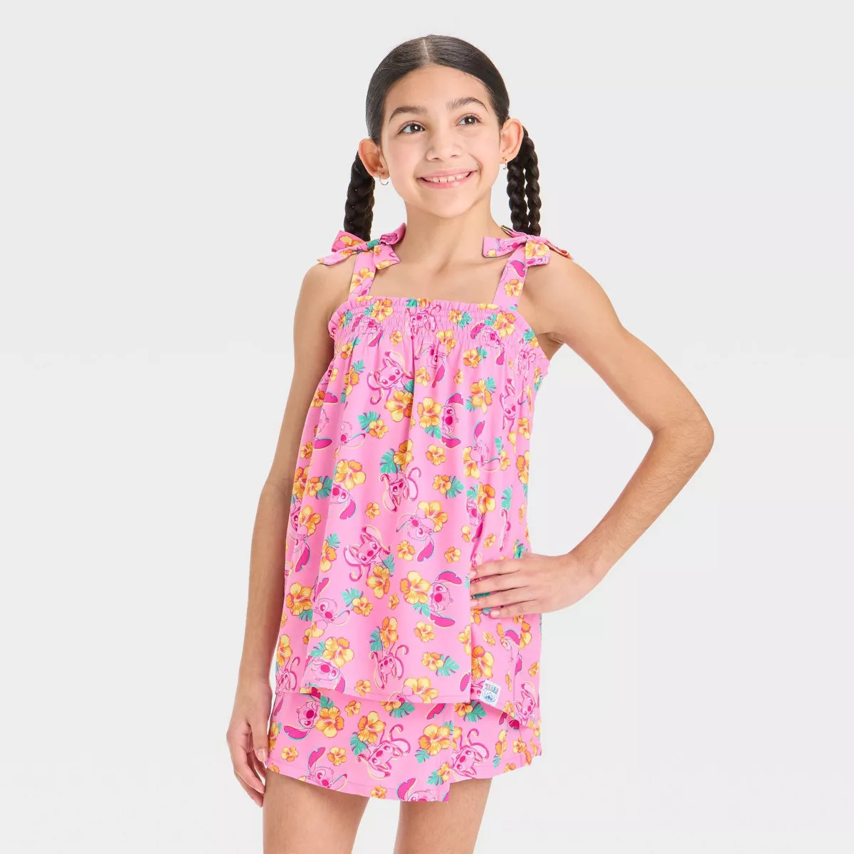 Girls' Disney Stitch and Angel Smocked Swing Tank Top with Tie Straps - Pink | Target