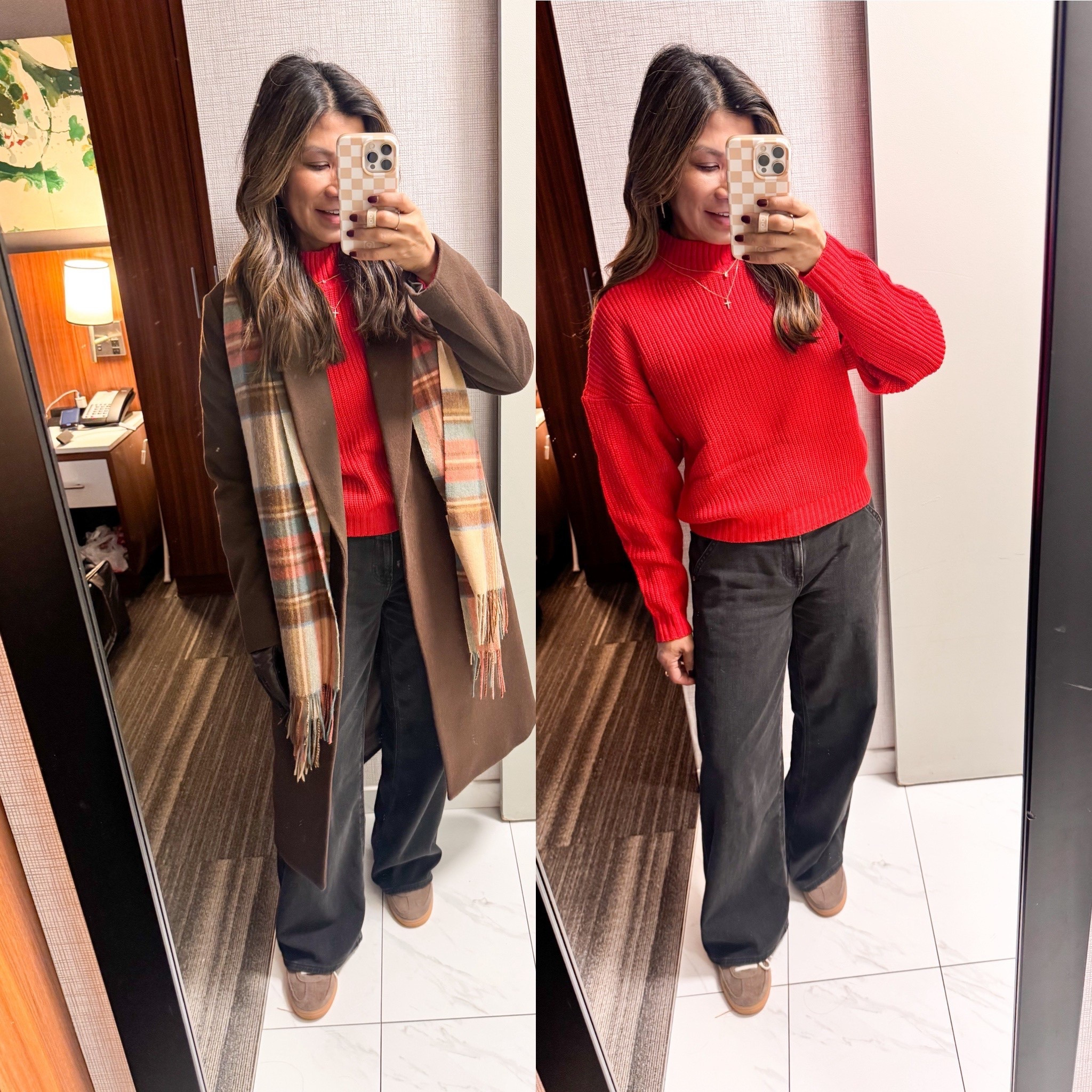 NYC Outfit.
I’m 5’2” 118#ish for reference 
Red sweater in small tts.
Coat in small tts.
Jeans size 2 tts short length. 
Adidas size down.
Wearing thermal top underneath sweater. 

#LTKGiftGuide #LTKCyberWeek #LTKHoliday