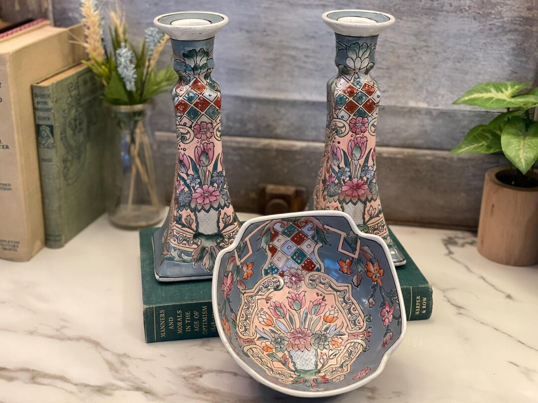 Vintage Oriental Candlestick Holders and Matching Bowl Blue and Peach Asian Decor - Etsy | Etsy (US)