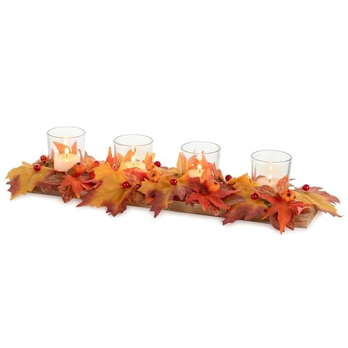 Romadedi Thanksgiving Table Centerpiece Decor: Fall Candle Holder 4 Tea Light Holders with Mini Autumn Leaves Wreaths Wood Tray for Mantel Dinning Table Party Home Decoration | Amazon (US)
