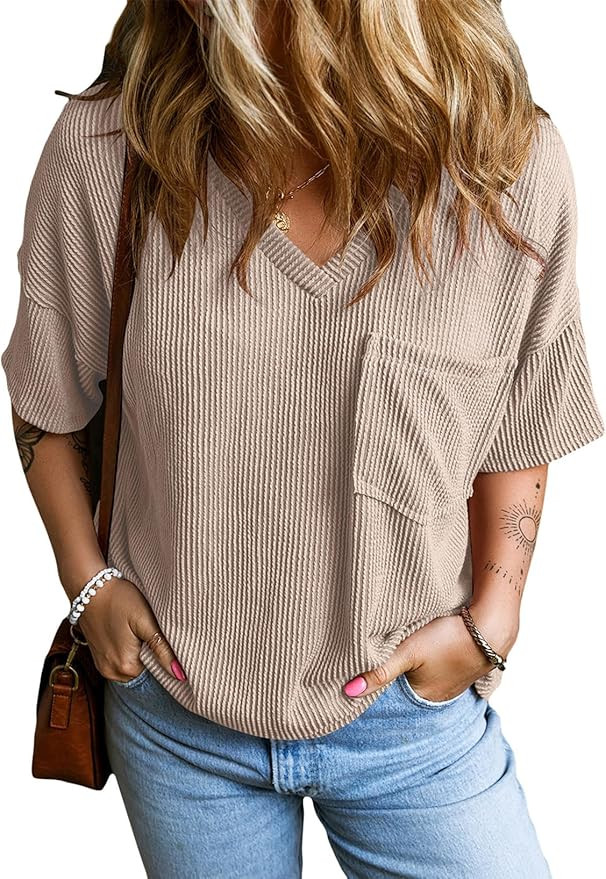 EVALESS Womens Fashion Short Sleeve Shirts Oversized Knitted Tops Sexy V Neck Blouses for Women L... | Amazon (US)