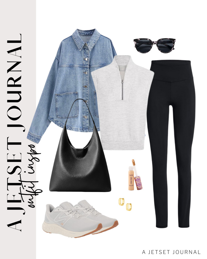 A light gray cap-sleeve sweatshirt and black leggings are our next pair. This combination looks good for a relaxed coffee date or casual dining. Finish the fit with the KALIDI slouchy bag and a pair of sneakers. 

 #LTKSaleAlert #LTKTravel