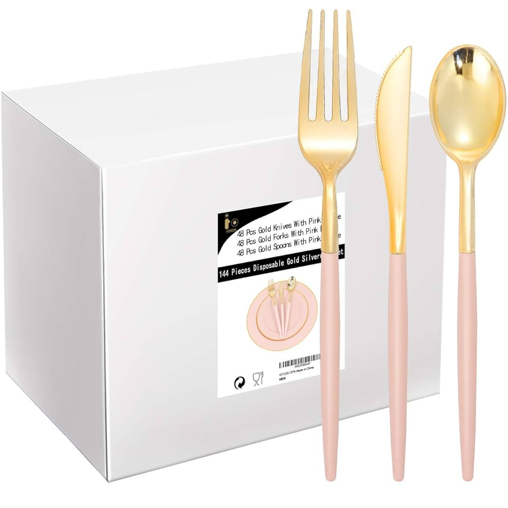 I00000 144Pcs Pink Plastic Silverware, Gold Disposable Flatware with Pink Handle, Gold Plastic Cu... | Amazon (US)