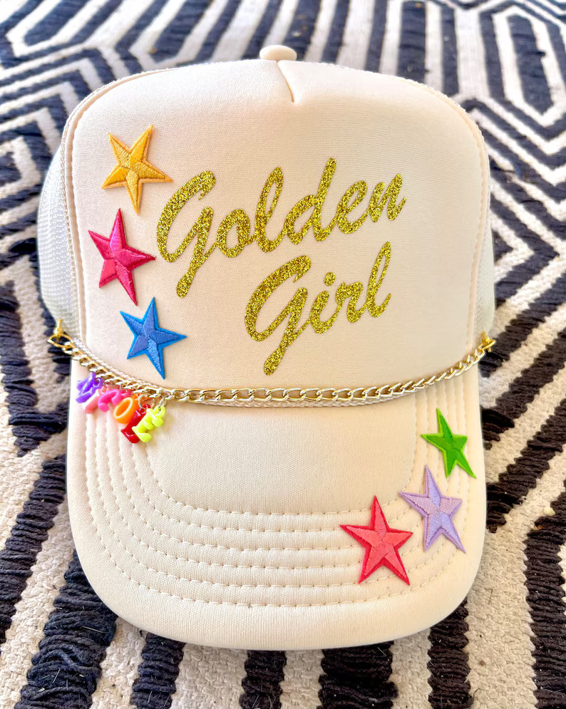 HappyStack Golden Girl Trucker Hat, Smiley face trucker hat, custom trucker hat, summer trucker h... | Etsy (US)
