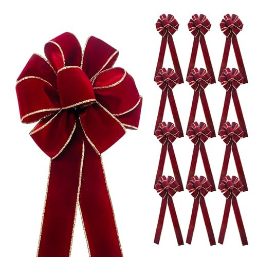 CT Craft Christmas Handmade Tree Topper Bow 10" X 26" X 12 PCS Burgundy/Red Wine Velvet Ribbon Gold Wired Edge for Tree Topper Wreath Indoor Outdoor Holiday Decoration | Amazon (US)