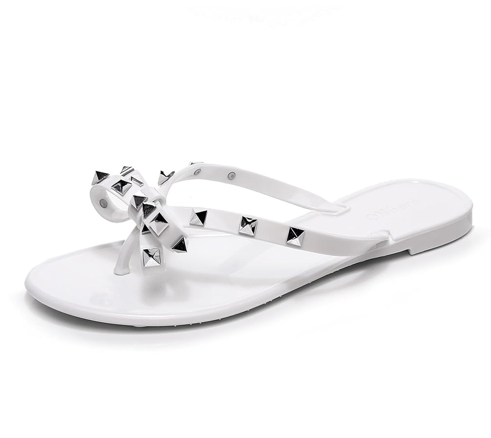 Studded Jelly Shoes for Womens Bow Flip Flops Jellies Sandals Flat Black Summer Beach Thong with ... | Amazon (US)