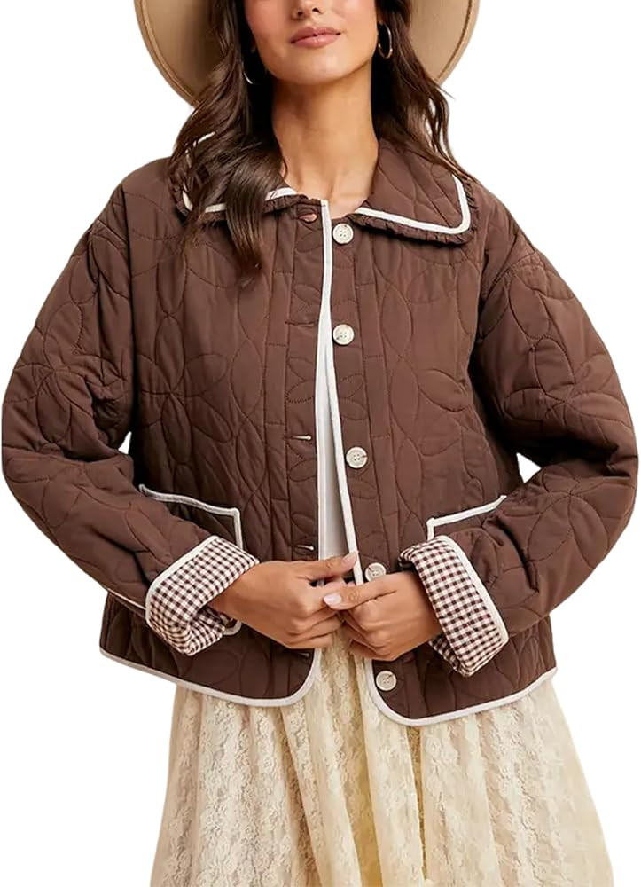 Yeokou Women's Floral Quilted Jacket Long Sleeve Contrast Ruffled Collared Cotton Coat with Patch Pocket | Amazon (US)