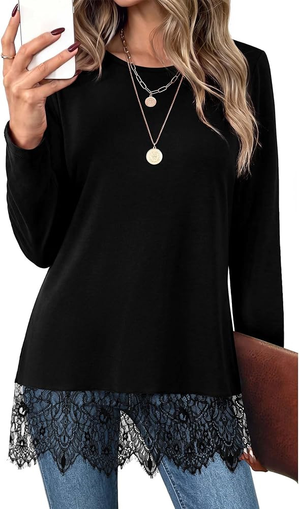 OFEEFAN Long Sleeve Shirts for Women Fall Fashion Clothing Lace Tunic Tops | Amazon (US)