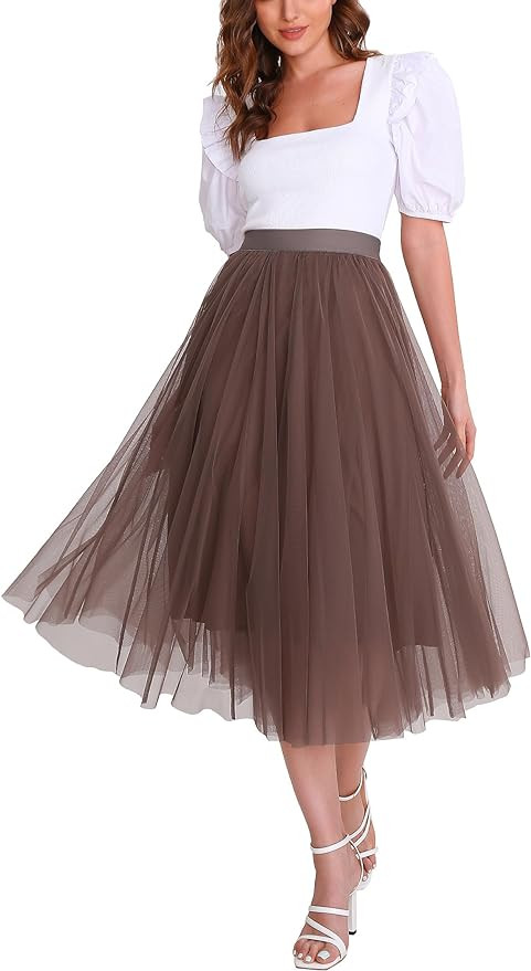 Women’s Tulle Skirts Midi Elastic High Waist Pleated Mesh Flowy A-Line Party Long Tutu Skirts... | Amazon (US)