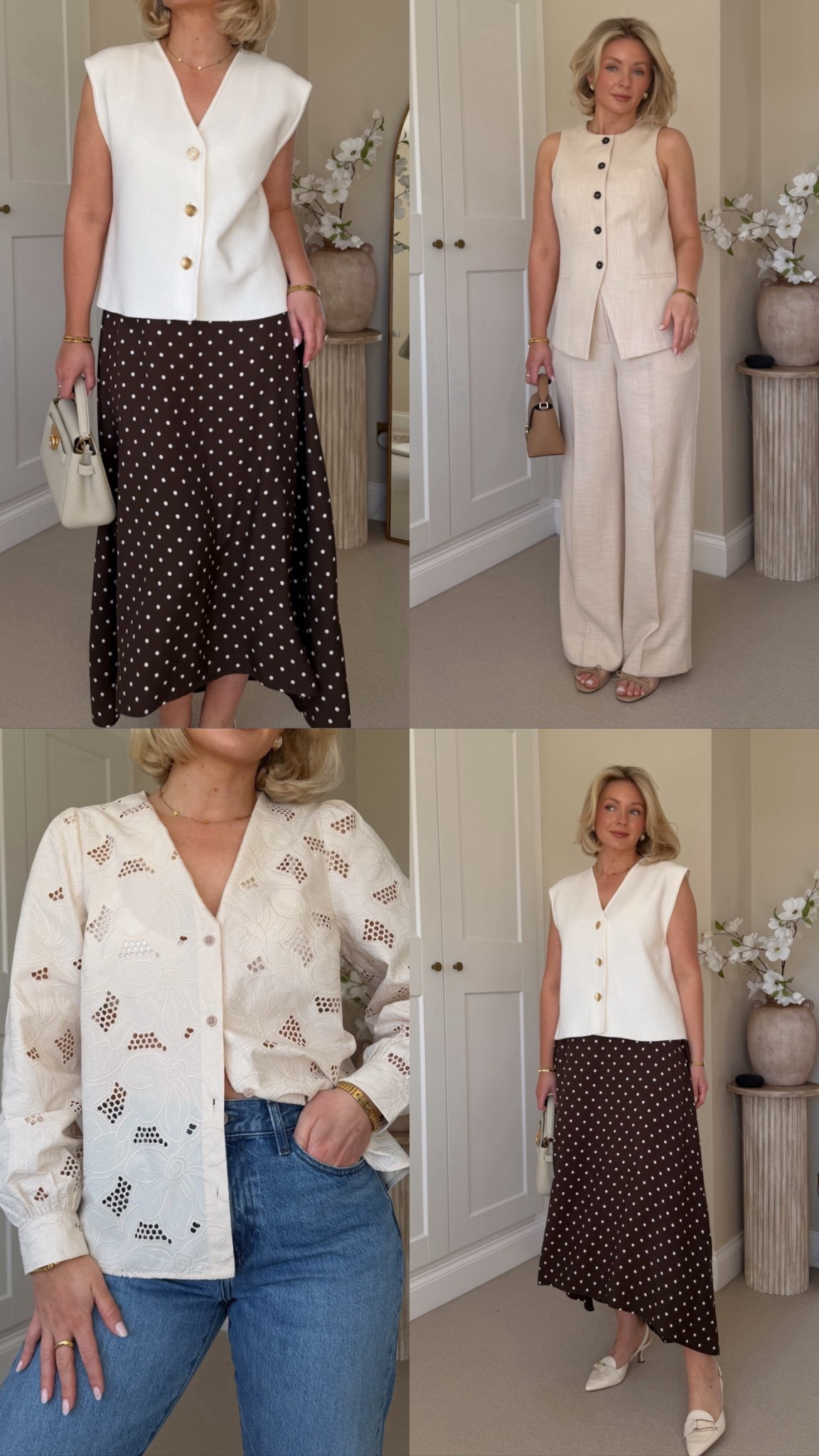 New in spring/summer outfits from Saint + Sofia 
Sizes I’m wearing (I’m a uk size 10 and 5’4) 
White waistcoat - S
Brown polka dot skirt - 10
Beige waistcoat - 10
Beige trousers - 10 
Blouse - 10 