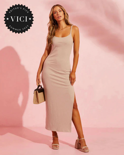 Luna Ribbed Knit Midi Dress - Beige | VICI