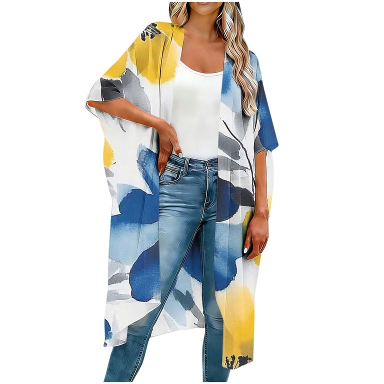 Karight Womens Floral Print Kimono Cardigan Long Open Front Flowy Boho Beach Cover Up Duster | Walmart (US)