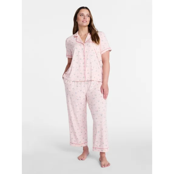 Joyspun Women's Dreamy Soft Collection Notch Collar Top and Capri Pants Pajama Set, 2-Piece, Size... | Walmart (US)