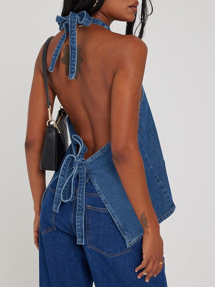 Amazon.com: Tankaneo Womens Halter Denim Vest Tops Summer Sleeveless Open Back Y2K Going Out Jean... | Amazon (US)