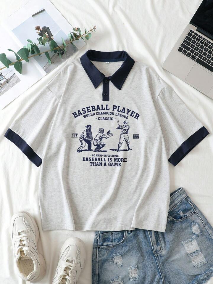 SHEIN EZwear Slogan & Figure Graphic Contrast Trim Polo Tee BASEBALL PLAYER WORLD  LEAGUE CLASSIC... | SHEIN