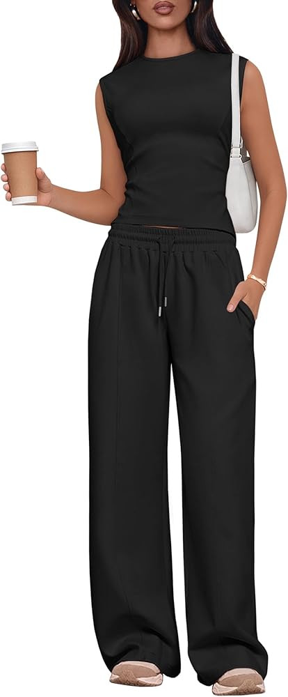 Lazysmile 2 Piece Sets for Women Summer Outfits Lounge Sets Sleeveless Tops Wide Legs Long Pants ... | Amazon (US)
