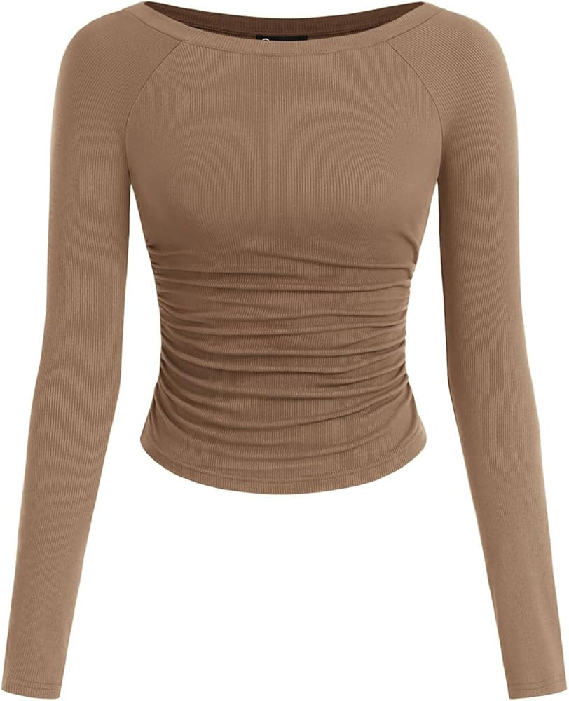 PRETTYGARDEN Long Sleeve Shirts for Women 2025 Fall Ruched Sides Boat Neck Basic Tee Casual Fitte... | Amazon (US)