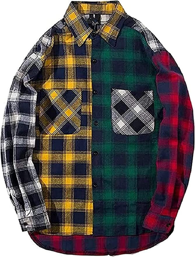 Mens Womens Plaid Shirts Colour Block Patchwork Button Down Jackets Oversized Long Sleeve Flannel... | Amazon (US)