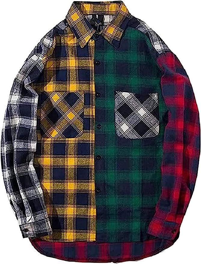 Mens Womens Plaid Shirts Colour Block Patchwork Button Down Jackets Oversized Long Sleeve Flannel... | Amazon (US)