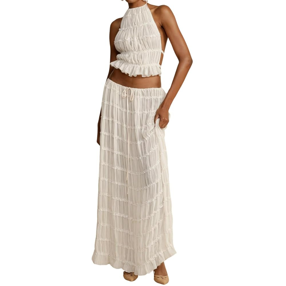 Y2k Maxi Skirt Set for Women Backless Lace Halter Top and Pleated Flowy Skirt Sets Beach Sheer Dr... | Amazon (US)