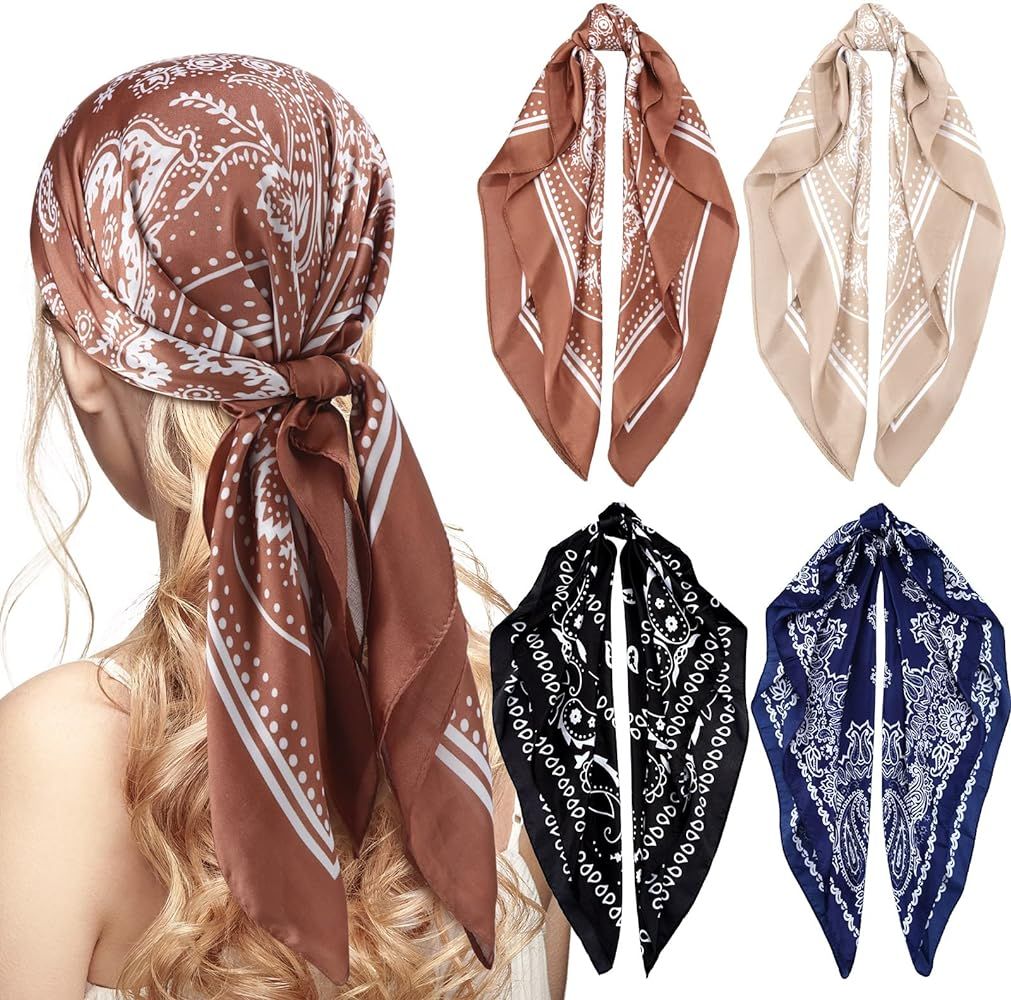 Syhood 4 Pcs 27'' Square Satin Head Scarves Satin Bandanas for Women Satin Headband Scarves Silk ... | Amazon (US)