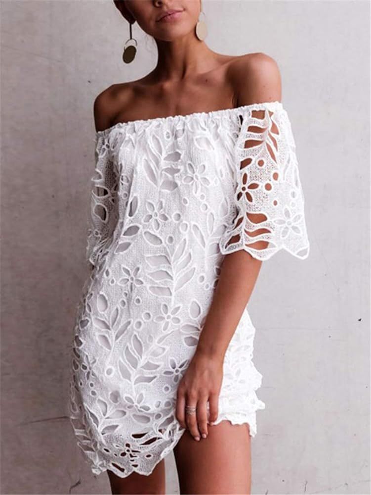 PRETTYGARDEN Women's Summer Off Shoulder Vintage Floral Lace Flare Short Sleeve Loose Elegant Mini D | Amazon (US)