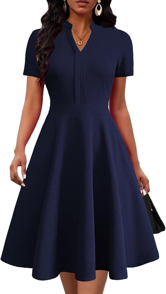 Mokayee Womens Summer Short Sleeve V Neck Fit and Flare Semi Formal Work Wedding Guest Dresses wi... | Amazon (US)