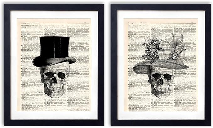akeke Skull Decor Vintage Dictionary Art Print Two Set - Skull Decorations Gentleman Lady Hat - B... | Amazon (US)