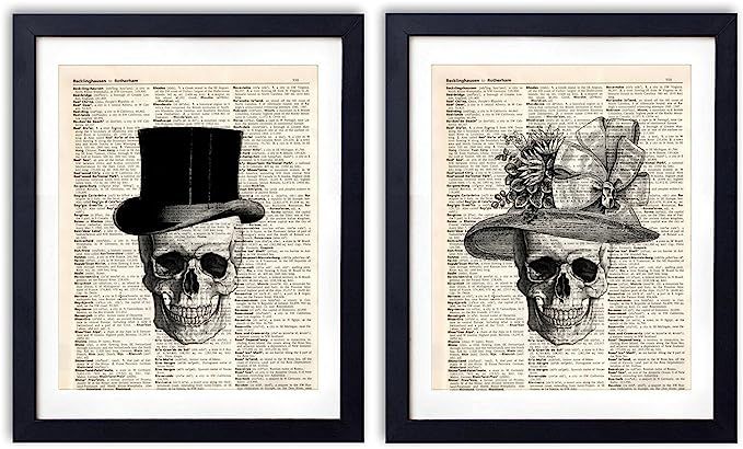 akeke Skull Decor Vintage Dictionary Art Print Two Set - Skull Decorations Gentleman Lady Hat - B... | Amazon (US)
