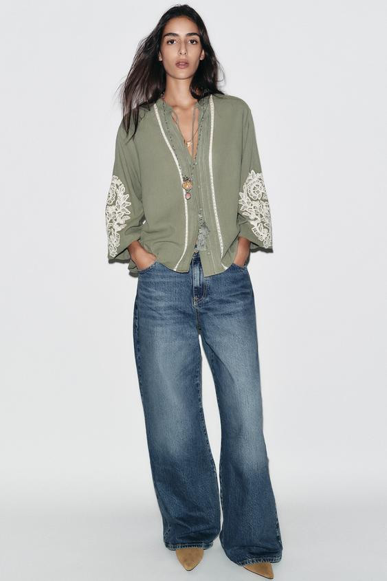 CONTRAST EMBROIDERY BLOUSE | Zara US