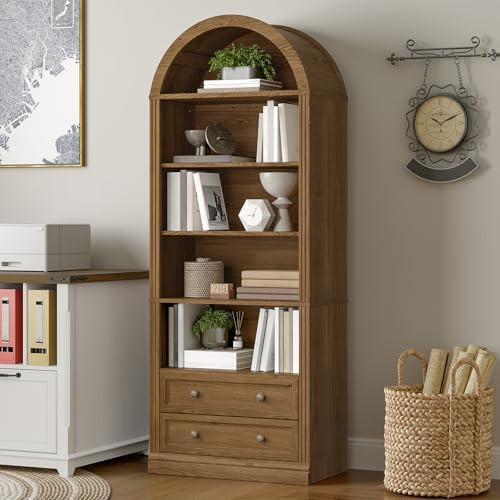 RALGEND Farmhouse Arched Bookshelf, 7 Tiers Arch Bookcase with 2 Spacious Drawers, Modern Book Sh... | Amazon (US)