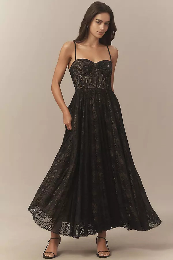 Amara Corset Pleated Lace Fit & Flare Midi Dress | Anthropologie (US)