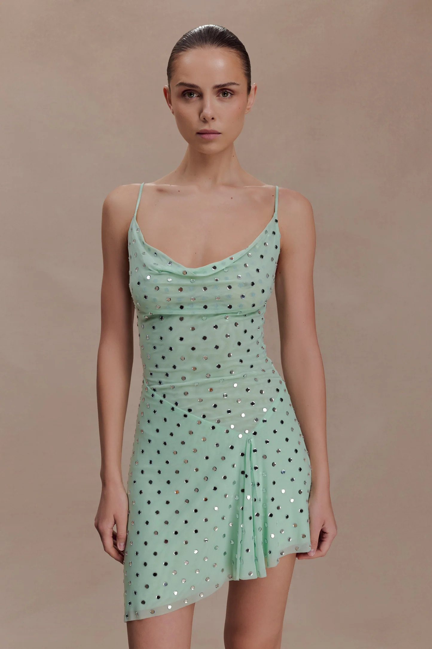 Diamante Cowl Mini Dress - Mint | MESHKI US