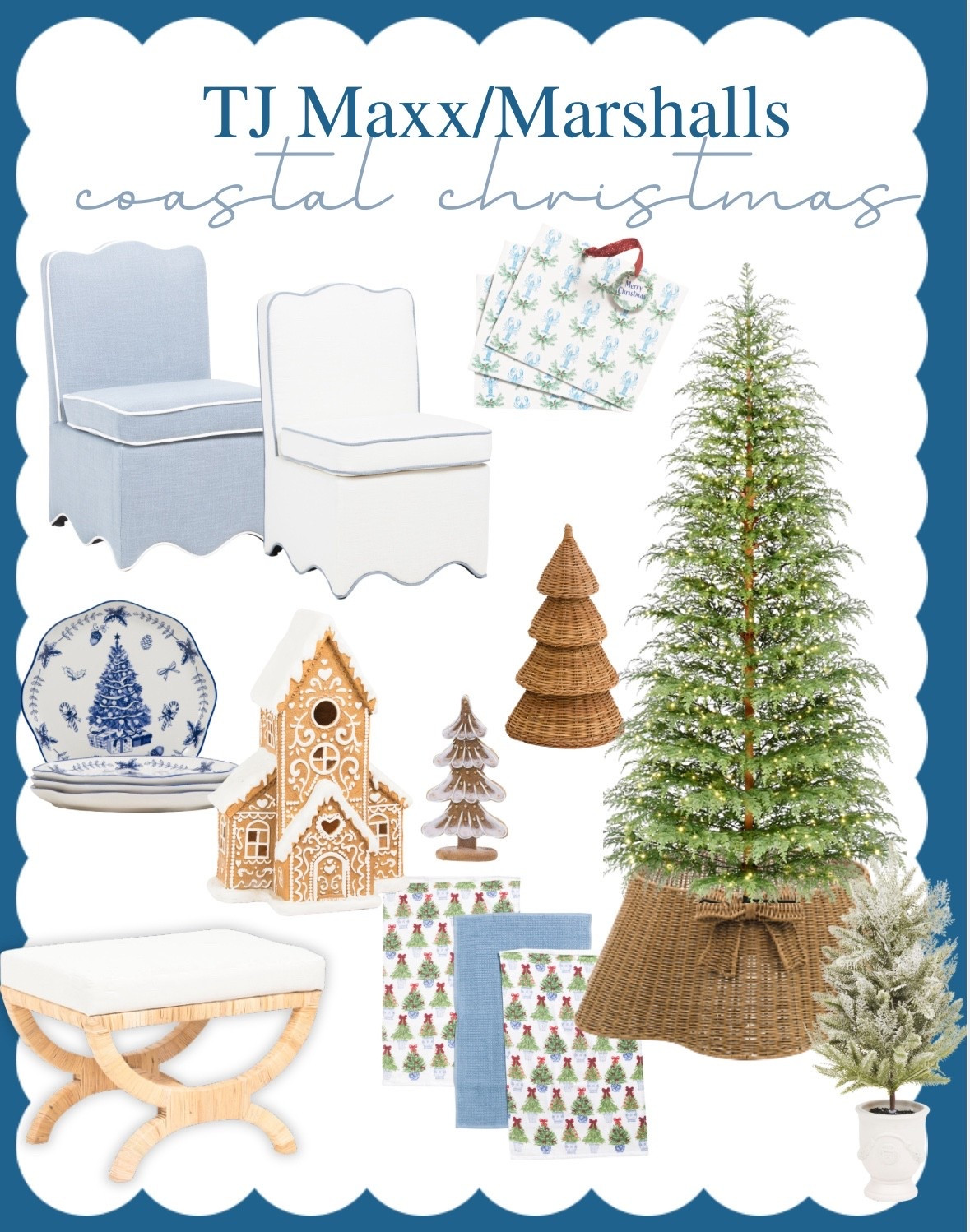 Bring the #CoastalChristmas charm home 🎄🌊🐚! Transform your space into a serene winter retreat with my latest coastal chic holiday finds — from scallop-edged frames and woven trees to charming gingerbread houses and a dreamy flocked Christmas tree. Shop these gorgeous TJ Maxx + Marshalls finds right here on LTK before they sell out! ✨
#LTKHoliday #LTKHome #LTKFinds #ChristmasDecor #CoastalDecor #TJMaxxFinds #MarshallsFinds #CoastalGrandmother #HolidayHome #WinterWonderland #ShopTheLook #ChristmasTree
 Serena & Lilly Lily Cailini Coastal Mrs. Alice scalloped rattan Christmas tree skirt with bow viral