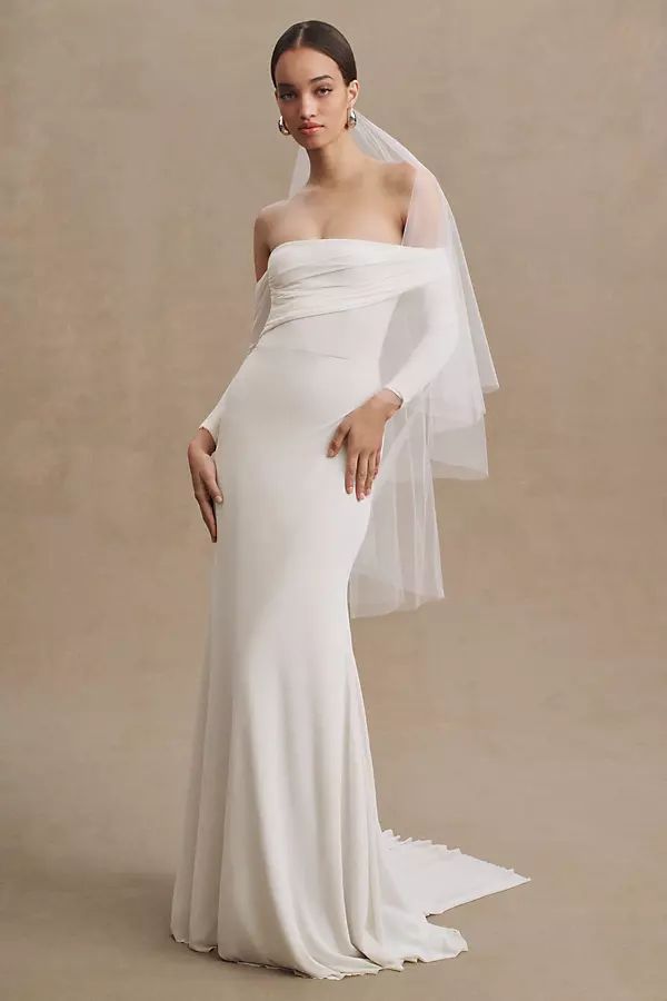 Wtoo by Watters Milligan Off-The-Shoulder Long-Sleeve Column Wedding Gown By Watters in White Size 2 | Anthropologie (US)