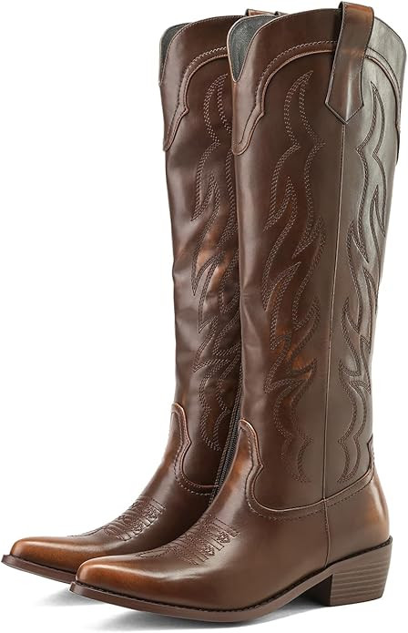 Cowboy Boots for Women Embroidered Pointy Toe Chunky Heeled Knee High Western Boots | Amazon (US)