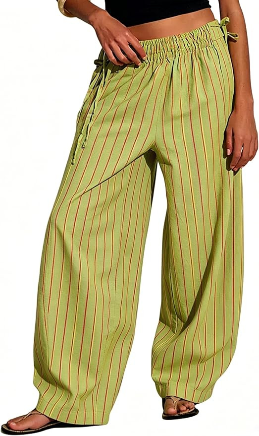 Women Drawstring Striped Wide Leg Pants Summer Causal Barrel Loose Elastic Low Waist Palazzo Hare... | Amazon (US)