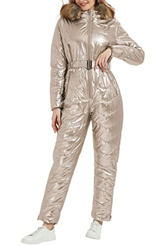 RISISSIDA Ski Suit Women One Piece Snow Suits Winter Waterproof Snowsuit Zipper Pockets Belt Skiing Coat with hood Fur Collar Gold X-L | Amazon (US)