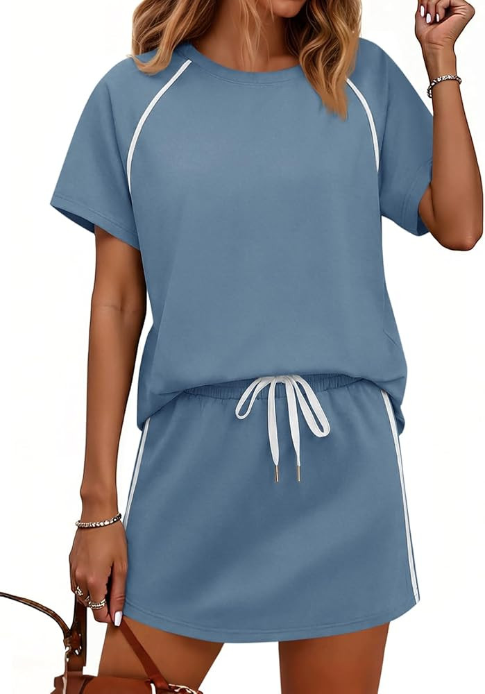 Yousify Womens 2 Piece Skirt Sets Summer Short Sleeve Tops and Tennis Skort Lounge Set Vacation W... | Amazon (US)