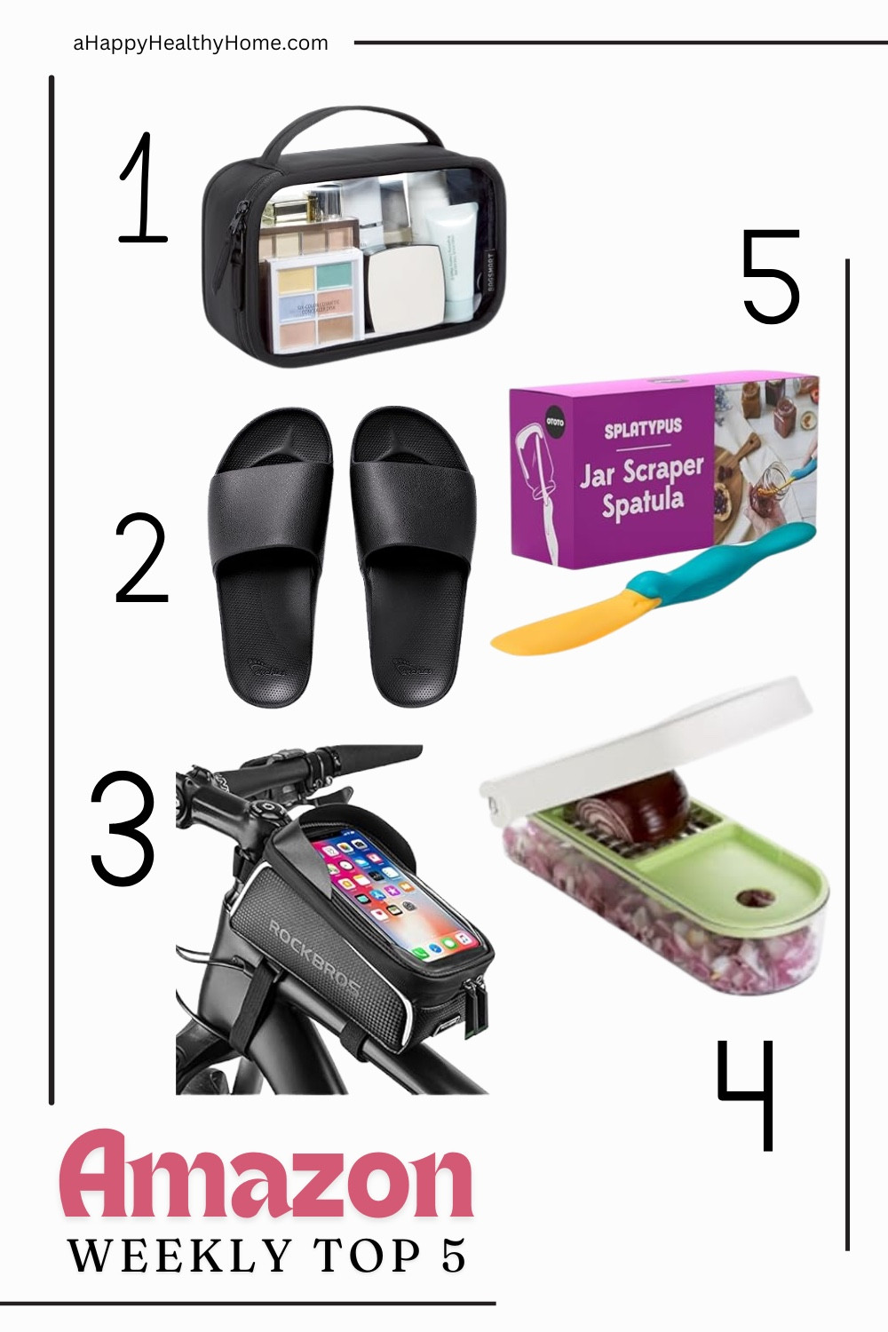 This week's top Amazon finds are practical, fun, and under-the-radar gems you'll wish you found sooner! From a clear travel toiletry bag and comfy cloud slides to a handlebar phone holder for your bike, a genius onion chopper for quick meal prep, and the viral Splatypus jar scraper spatula—each item is a total win! Perfect for home, travel, or everyday life. #AmazonFinds #WeeklyTop5 #AmazonFavorites #HomeHacks #TravelEssentials #KitchenGadgets #BikeAccessories #LifeMadeEasier