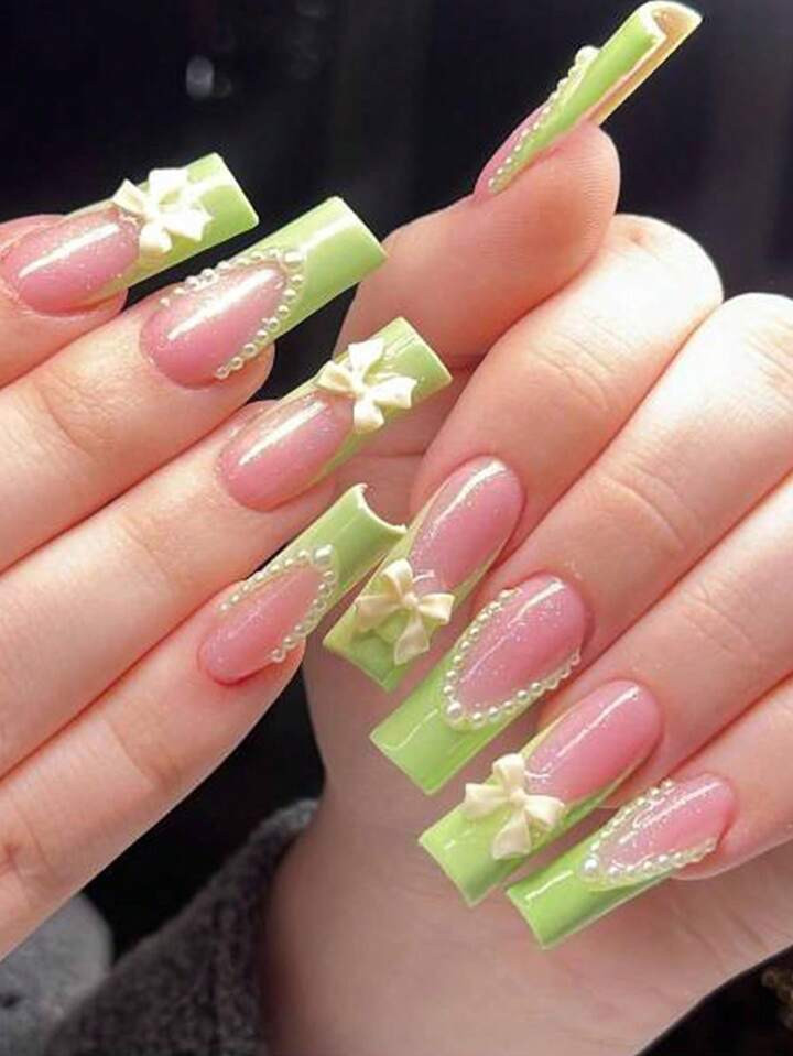 24pcs Macaron Green Long Coffin Press On Nails&Nail Armor Adorned With Green French Edge And Crea... | SHEIN