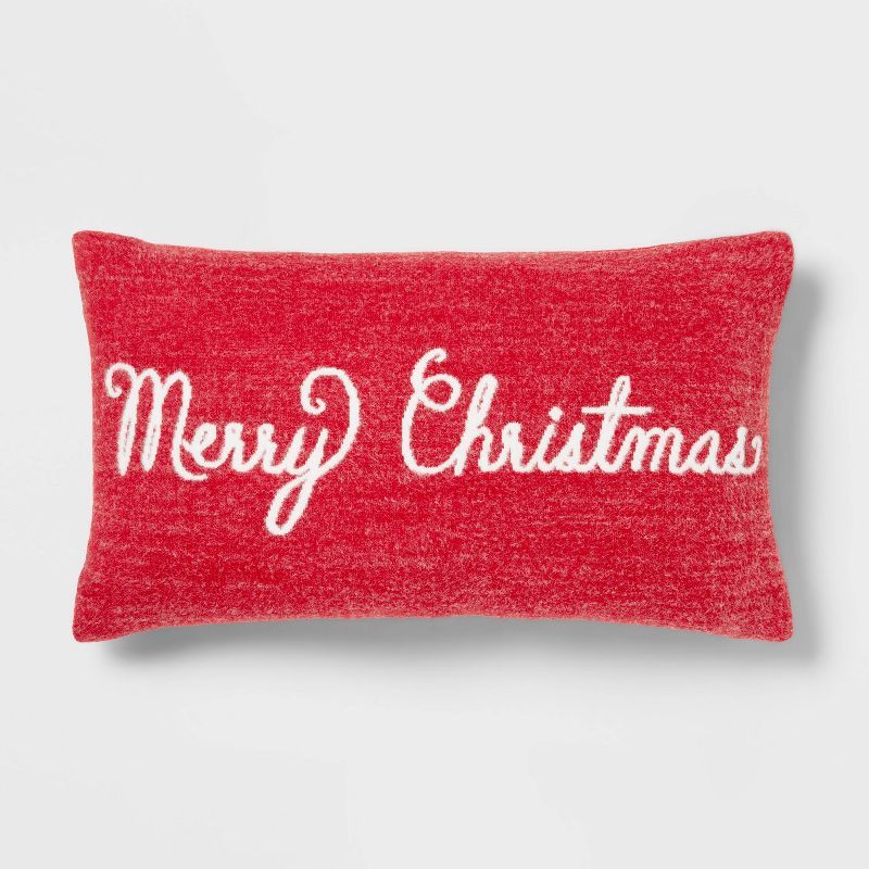Oversized Knit Jacquard &#39;Merry Christmas&#39; Lumbar Christmas Throw Pillow Red - Threshold&#... | Target