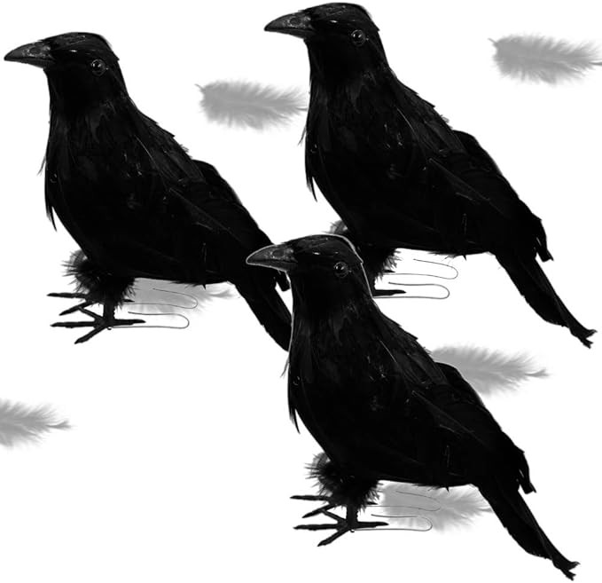 ATDAWN Halloween Black Feathered Crows, Realistic Looking Halloween Decoration Birds, 3 Pack | Amazon (US)