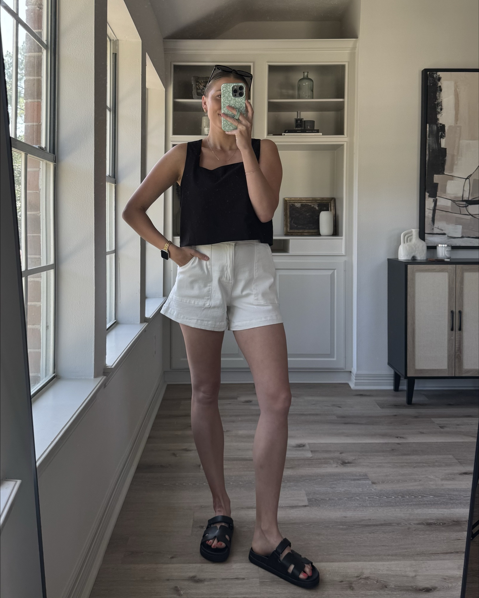 Casual chic summer outfit | this top is boxy enough to be nursing friendly + these stretchy denim shorts are my fav for postpartum! Size M in top, S in shorts, sandals are tts  

#LTKFindsUnder50