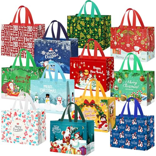 12Pack Large Christmas Bags For Gifts, 12 Styles Reusable Christmas Gift Bags With Handle, 12.4"×9.7"×6.8"Christmas Tote Bags For Gifts, Xmas Gift Bags, Holiday Gift Bags For Christmas Presents | Amazon (US)